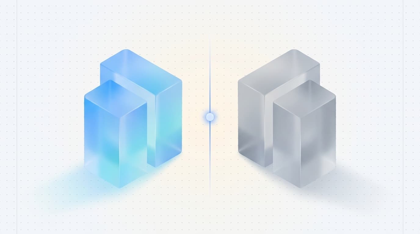 Two facing translucent forms, one blue and one grey, representing a product comparison